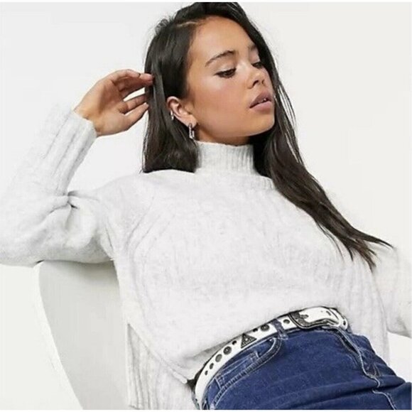 Topshop Wool Turtleneck crop Sweater XSMALL Grey pullover Marled long sleeve NEW - Picture 2 of 10